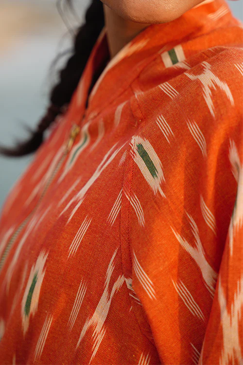 Okhai "Deccan" Orange Ikkat Pure Cotton Bomber Jacket - Image 8