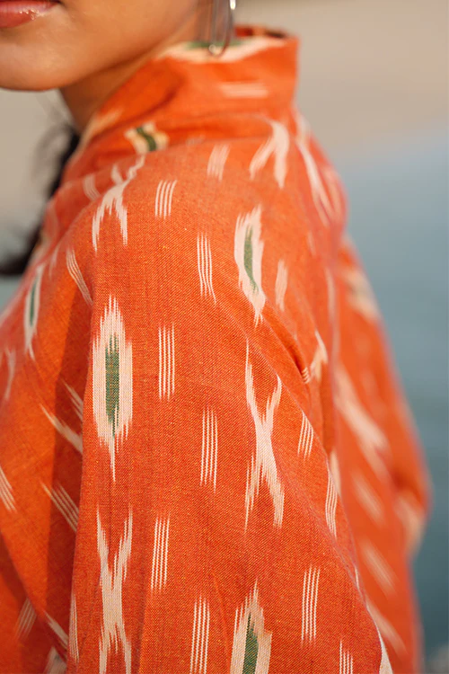 Okhai "Deccan" Orange Ikkat Pure Cotton Bomber Jacket - Image 9