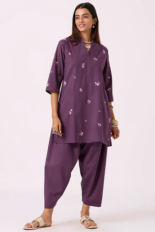 Okhai "Dusk Dreams" Hand-Embroidered Purple Pure Cotton Kurta Salwar Set