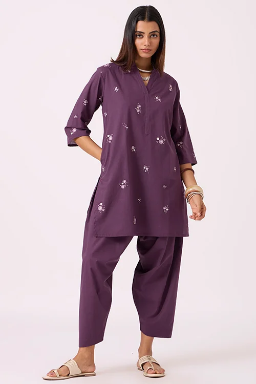 Okhai "Dusk Dreams" Hand-Embroidered Purple Pure Cotton Kurta Salwar Set - Image 5