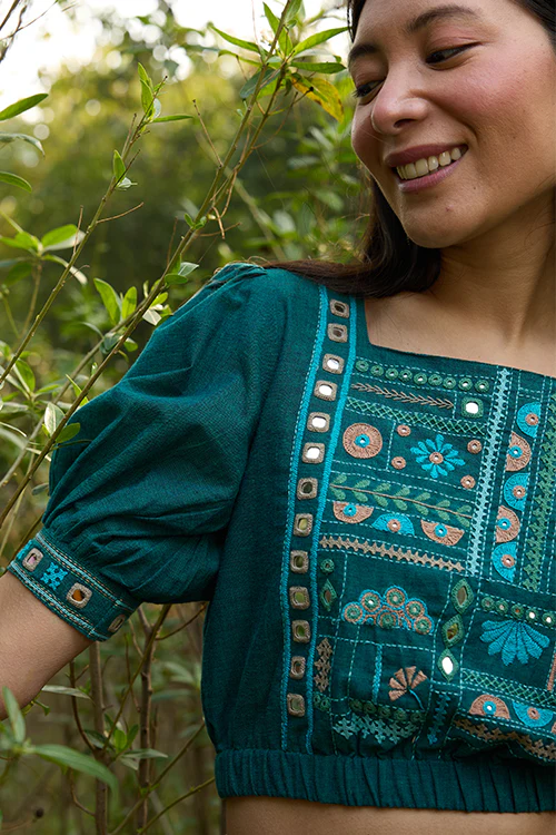 Okhai "Eden" Hand-Embroidery and Mirrorwork Pure Cotton Green Blouse - Image 2