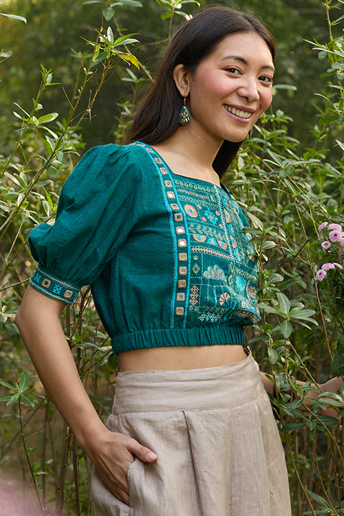 Okhai "Eden" Hand-Embroidery and Mirrorwork Pure Cotton Green Blouse - Image 3