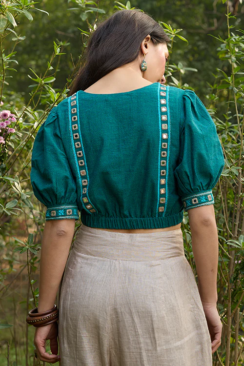 Okhai "Eden" Hand-Embroidery and Mirrorwork Pure Cotton Green Blouse - Image 4