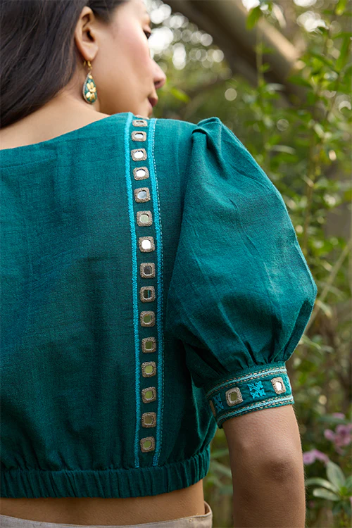 Okhai "Eden" Hand-Embroidery and Mirrorwork Pure Cotton Green Blouse - Image 5