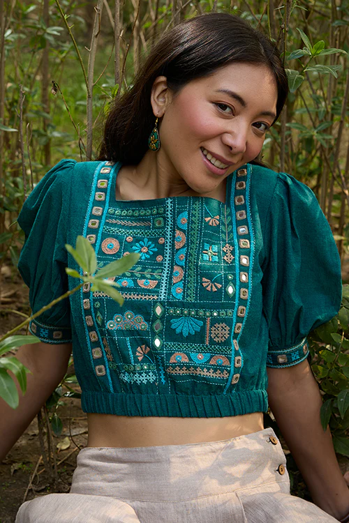 Okhai "Eden" Hand-Embroidery and Mirrorwork Pure Cotton Green Blouse - Image 6