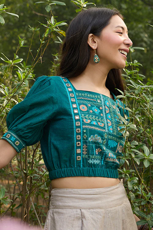 Okhai "Eden" Hand-Embroidery and Mirrorwork Pure Cotton Green Blouse - Image 8
