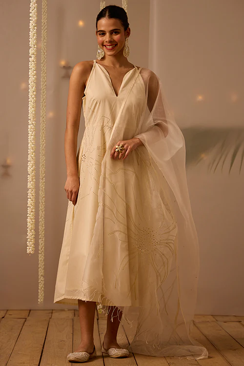 Okhai "Embellish" Mukaish and Khaat Bharat work Dress with Dupatta - Image 3