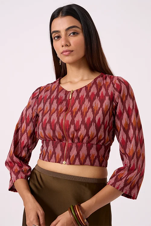 Okhai "Emberline" Pure Cotton Ikat Maroon Top - Image 3