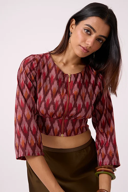 Okhai "Emberline" Pure Cotton Ikat Maroon Top - Image 4