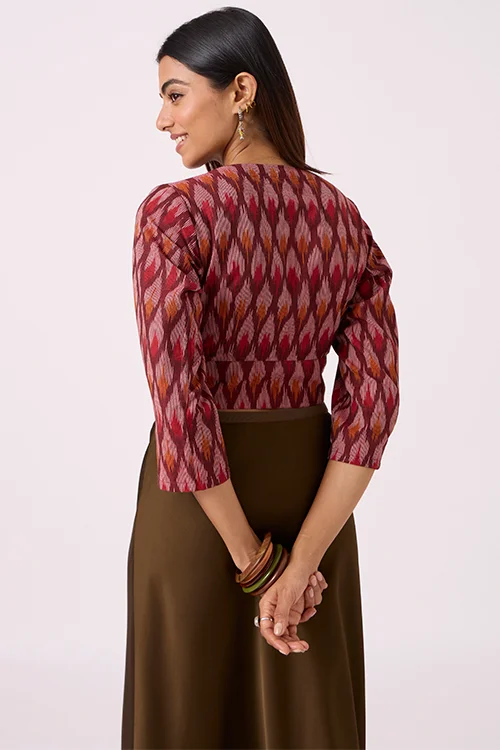 Okhai "Emberline" Pure Cotton Ikat Maroon Top - Image 6