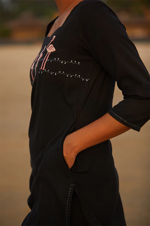 Okhai 'Flaming Flamingos' Cotton Handloom Embroidered Long Kurta - Image 2