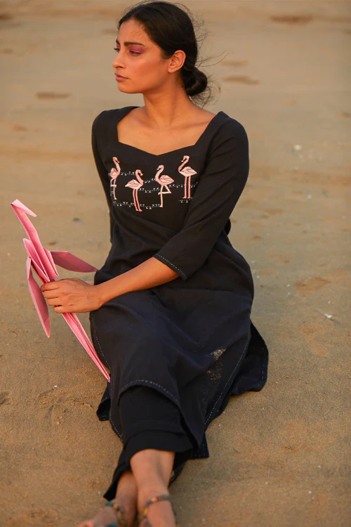 Okhai 'Flaming Flamingos' Cotton Handloom Embroidered Long Kurta - Image 5