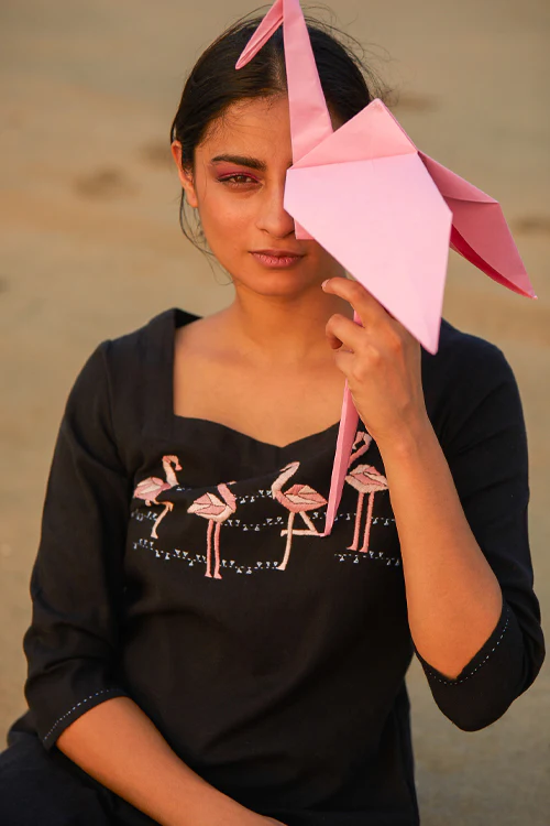 Okhai 'Flaming Flamingos' Cotton Handloom Embroidered Long Kurta - Image 6