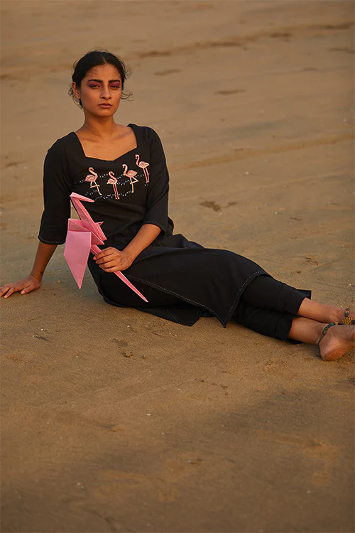 Okhai 'Flaming Flamingos' Cotton Handloom Embroidered Long Kurta - Image 7