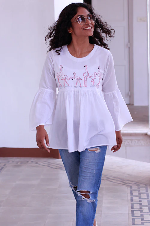 Okhai "Flamingo Feathers" Embroidery Work Top - Image 4