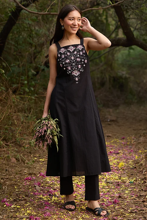 Okhai “Florence” Hand-Embroidered Mirrorwork Pure Cotton Black Kurta Pant Set - Image 3