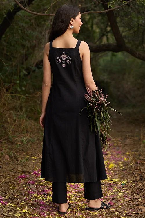 Okhai “Florence” Hand-Embroidered Mirrorwork Pure Cotton Black Kurta Pant Set - Image 4
