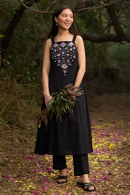 Okhai “Florence” Hand-Embroidered Mirrorwork Pure Cotton Black Kurta Pant Set - Image 6