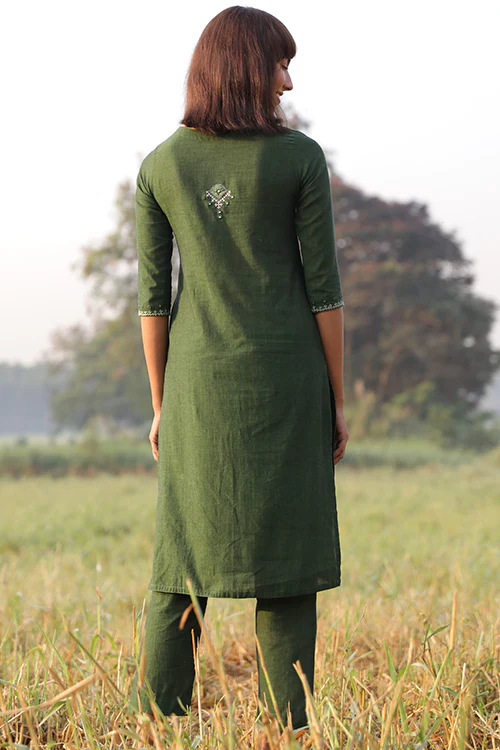 Okhai 'Fresh Green' Hand Embroidered Mirror Work Pure Cotton Kurta Pant Set - Image 5