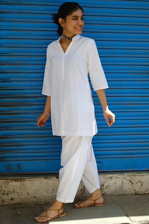 Okhai "Frost" Hand-Embroidered and Mirrorwork Pure Cotton White Kurta Salwar Set - Image 5