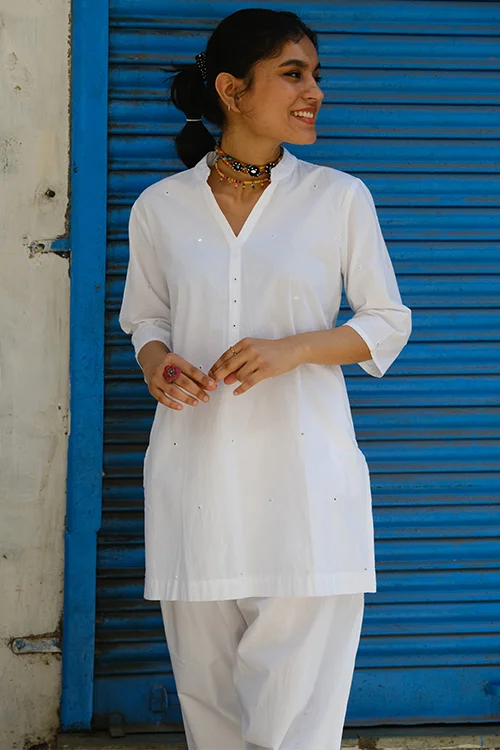 Okhai "Frost" Hand-Embroidered and Mirrorwork Pure Cotton White Kurta Salwar Set - Image 6