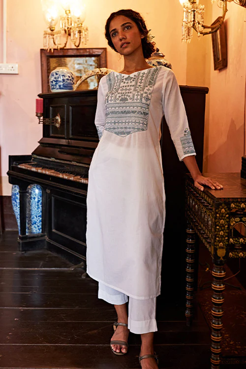 Okhai 'Glacier' Hand Embroidered Mirror Work Pure Cotton Long Kurta - Image 2