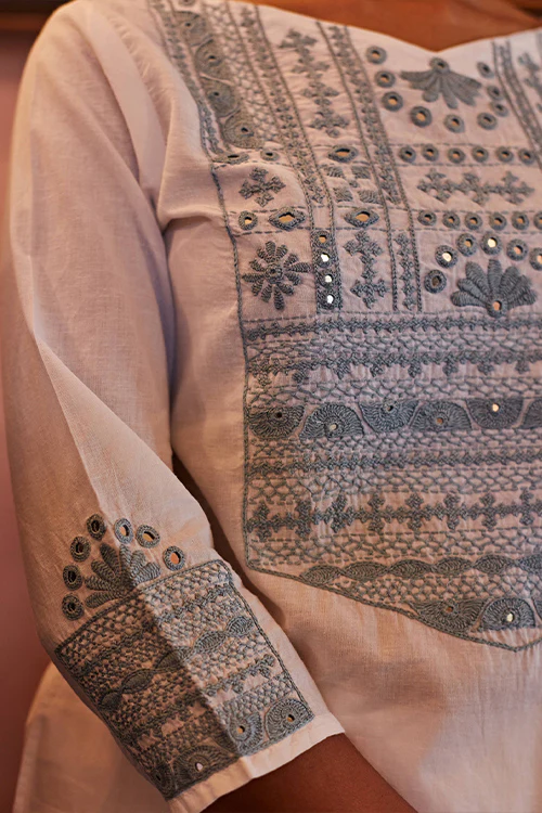 Okhai 'Glacier' Hand Embroidered Mirror Work Pure Cotton Long Kurta - Image 4