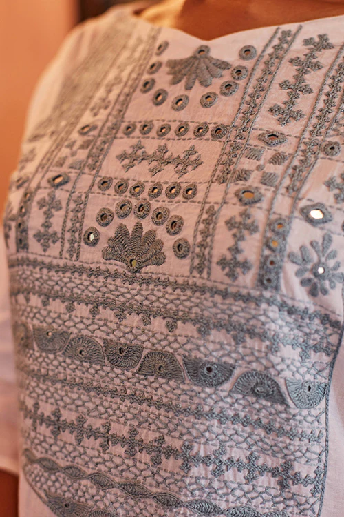 Okhai 'Glacier' Hand Embroidered Mirror Work Pure Cotton Long Kurta - Image 7