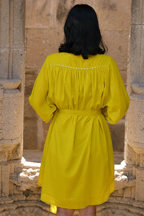 Okhai "Golden Amaltas" Pure Cotton Mul Mirrorwork Dress - Image 5