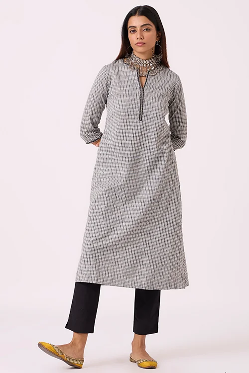 Okhai "Greyscape" Hand Embroidred and beadwork Pure Cotton Ikat Grey Kurta