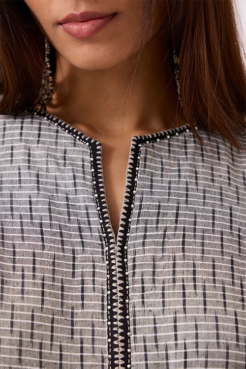 Okhai "Greyscape" Hand Embroidred and beadwork Pure Cotton Ikat Grey Kurta - Image 2