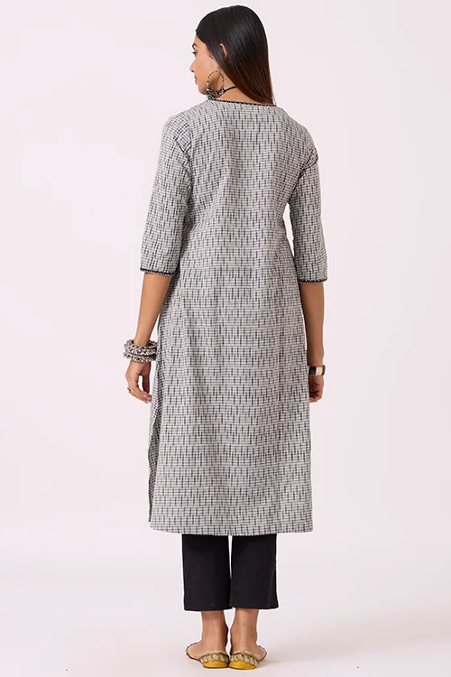 Okhai "Greyscape" Hand Embroidred and beadwork Pure Cotton Ikat Grey Kurta - Image 6