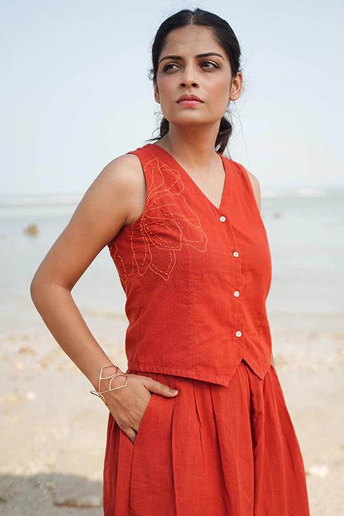 Okhai "Harvest Glow" Hand-Embroidered and Mirror work Pure Cotton Sleeveless Top - Image 4