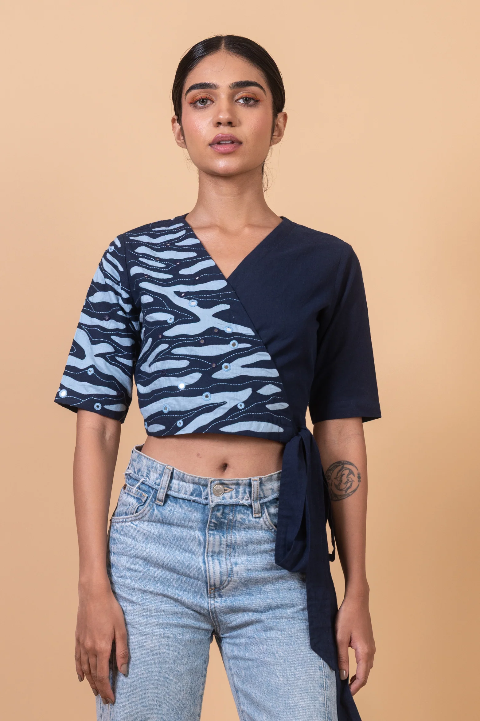 Okhai "Havelock" Hand Applique and Embroidered Mirror work Pure Cotton Wrap Top - Image 7