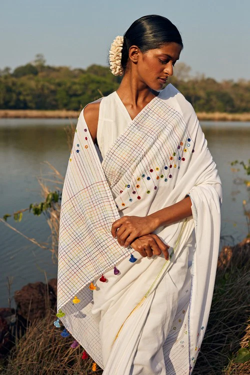 Okhai 'Heaven' Hand Embroidered Mirror Work Pure Cotton Saree
