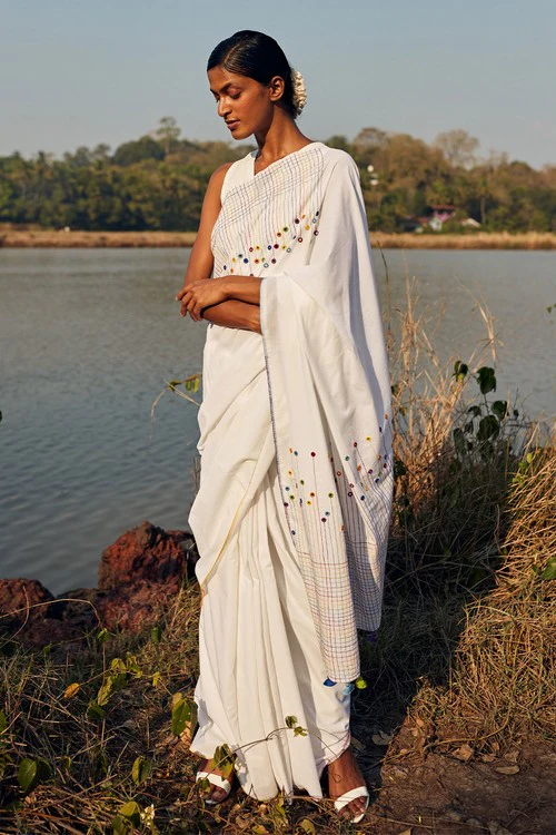 Okhai 'Heaven' Hand Embroidered Mirror Work Pure Cotton Saree - Image 2