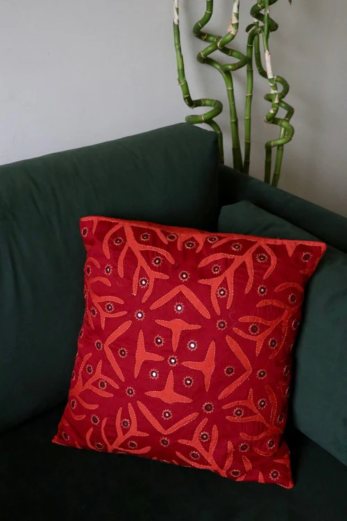 Okhai 'Home' Applique Mirror Work Pure Cotton Cushion Cover - Image 2