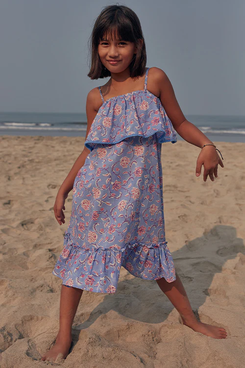 Okhai 'Hug' Hand Block Printed Off Shoulder Pure Cotton Kids Dress - Image 2