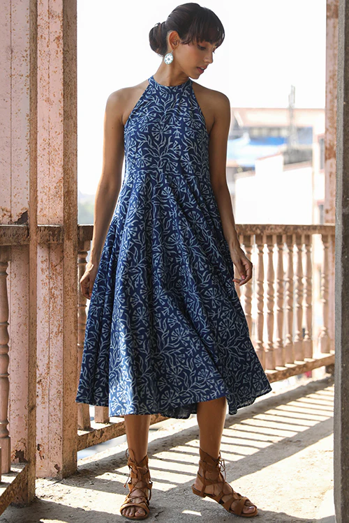 Okhai 'Indigo Harvest' Pure Cotton Indigo Halter-Neck Dress