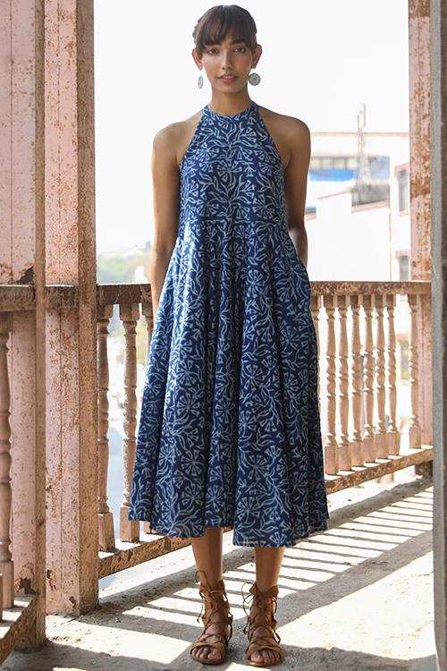 Okhai 'Indigo Harvest' Pure Cotton Indigo Halter-Neck Dress - Image 3