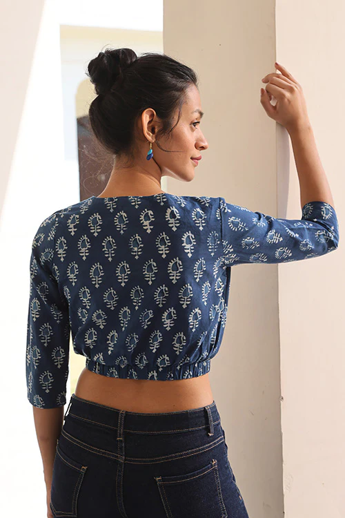 Okhai 'Indigo Paisley' Pure Cotton Hand Embroidered Hand Block Printed Top - Image 3