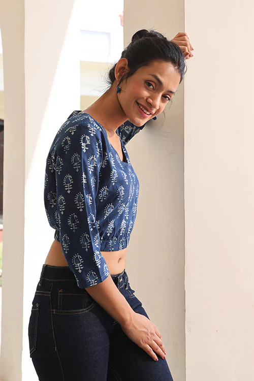 Okhai 'Indigo Paisley' Pure Cotton Hand Embroidered Hand Block Printed Top - Image 4