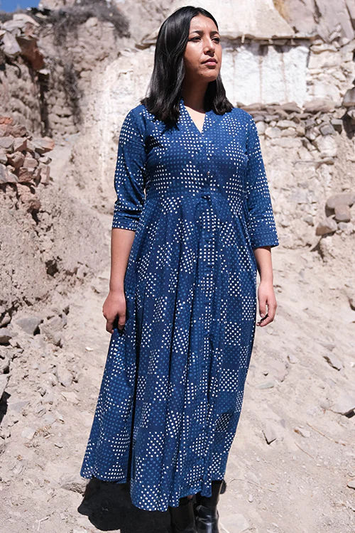 Okhai " Indigo Slosh " Hand Block Printed Pure Cotton Dress
