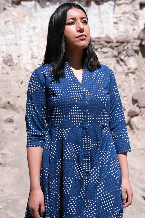 Okhai " Indigo Slosh " Hand Block Printed Pure Cotton Dress - Image 2