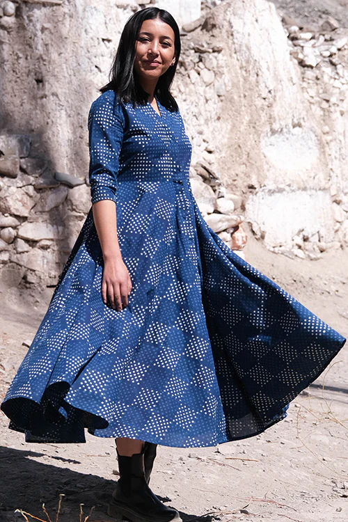 Okhai " Indigo Slosh " Hand Block Printed Pure Cotton Dress - Image 3
