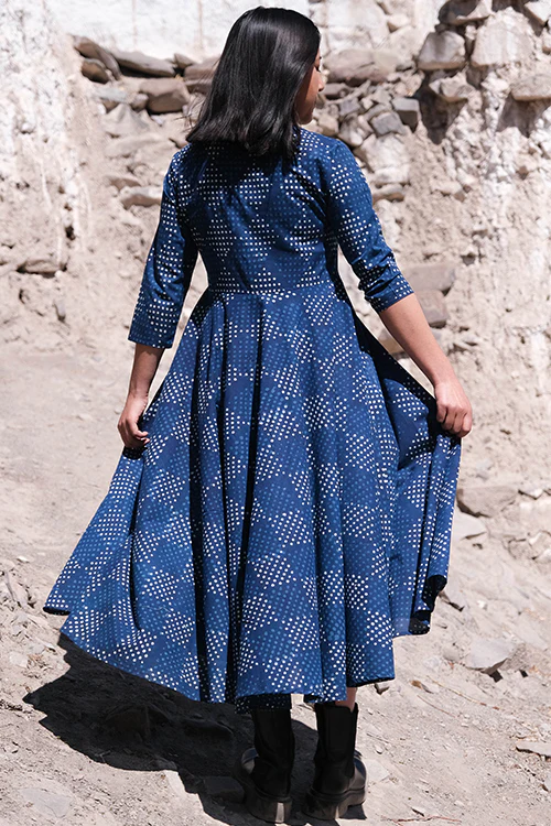 Okhai " Indigo Slosh " Hand Block Printed Pure Cotton Dress - Image 4