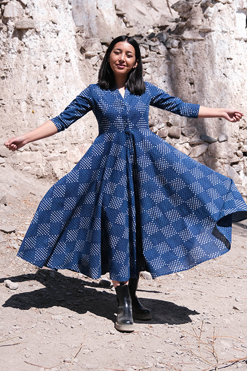 Okhai " Indigo Slosh " Hand Block Printed Pure Cotton Dress - Image 5