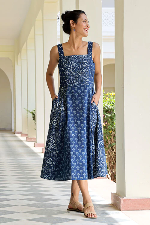 Okhai 'Indigo Spirit' Pure Cotton Hand Block Printed Dress - Image 3