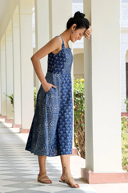 Okhai 'Indigo Spirit' Pure Cotton Hand Block Printed Dress - Image 5