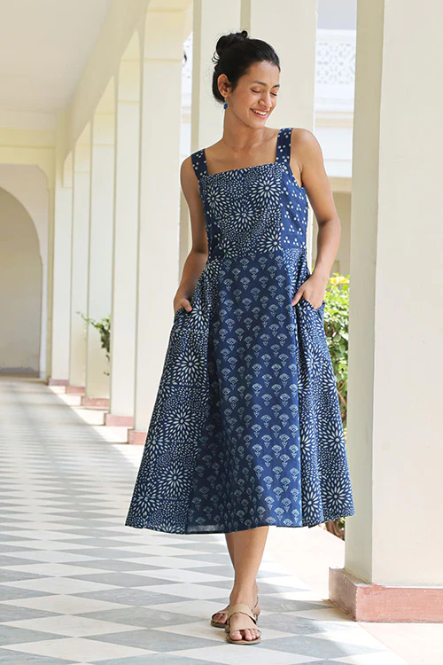 Okhai 'Indigo Spirit' Pure Cotton Hand Block Printed Dress - Image 6
